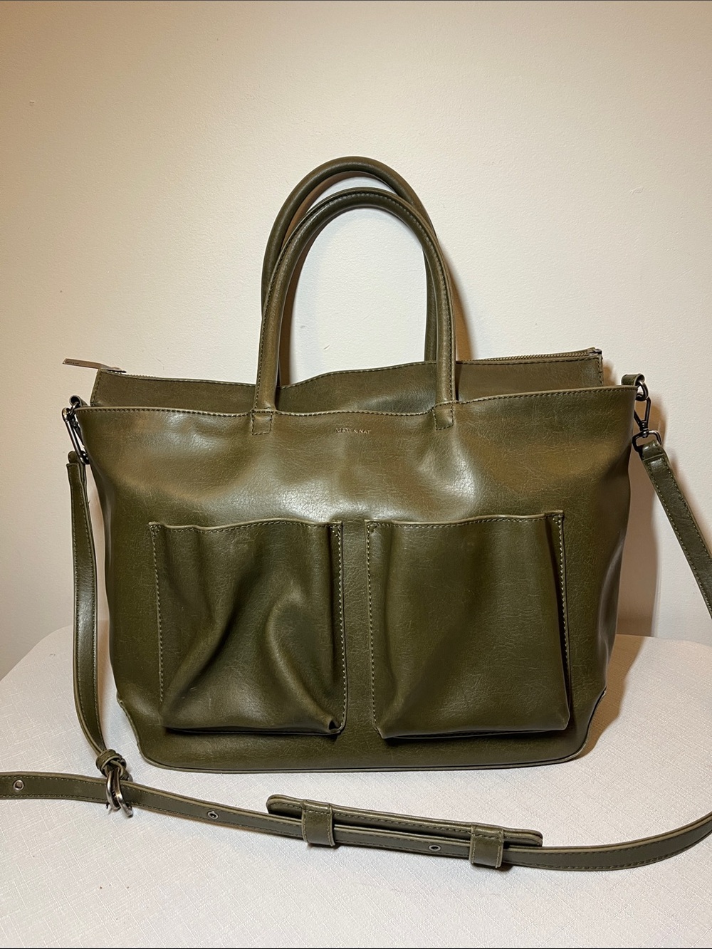 Matt & Nat Olive Green Women’s Tote Bag with Front Pockets. Crossbody